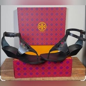 Tory Burch Black Zoey Nappa Wedge Sandals Heel Size 6